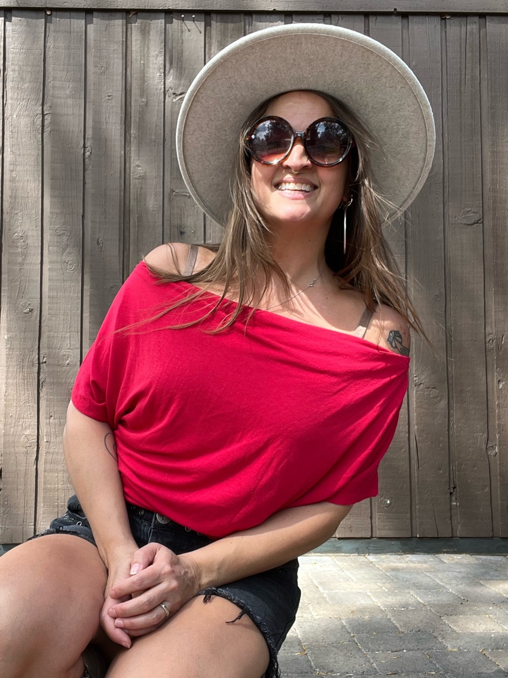 Sejora Red Draped Cowl Tunic women Large SoftSexy Slinky Cotton Knit Large